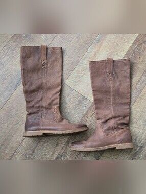 FRYE Celia X Stitch Brown Pebble Leather Tall Pull On Riding Boots Size 7 B